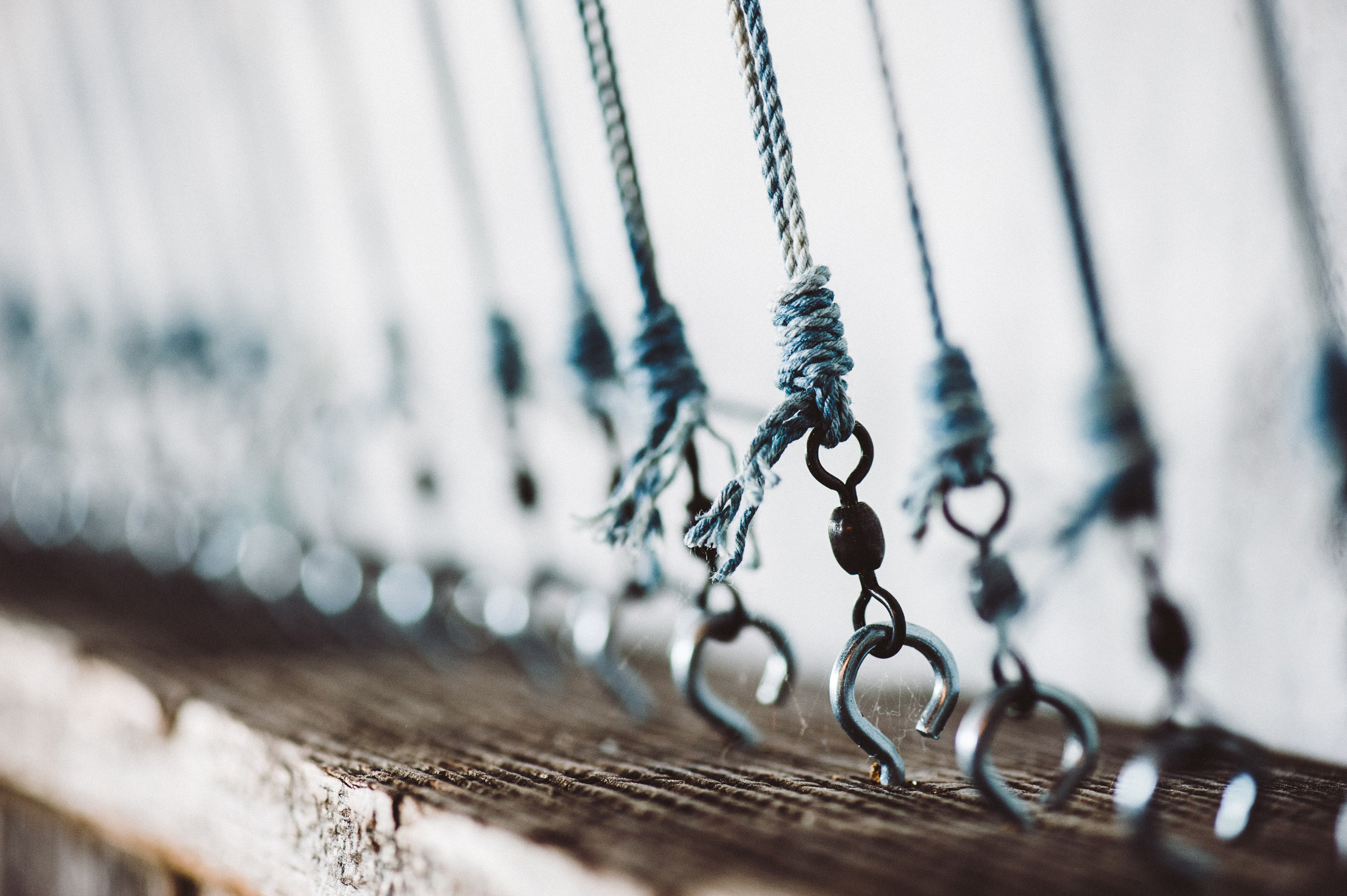Rows of blue ropes tied to metal hooks with shallow focus.
