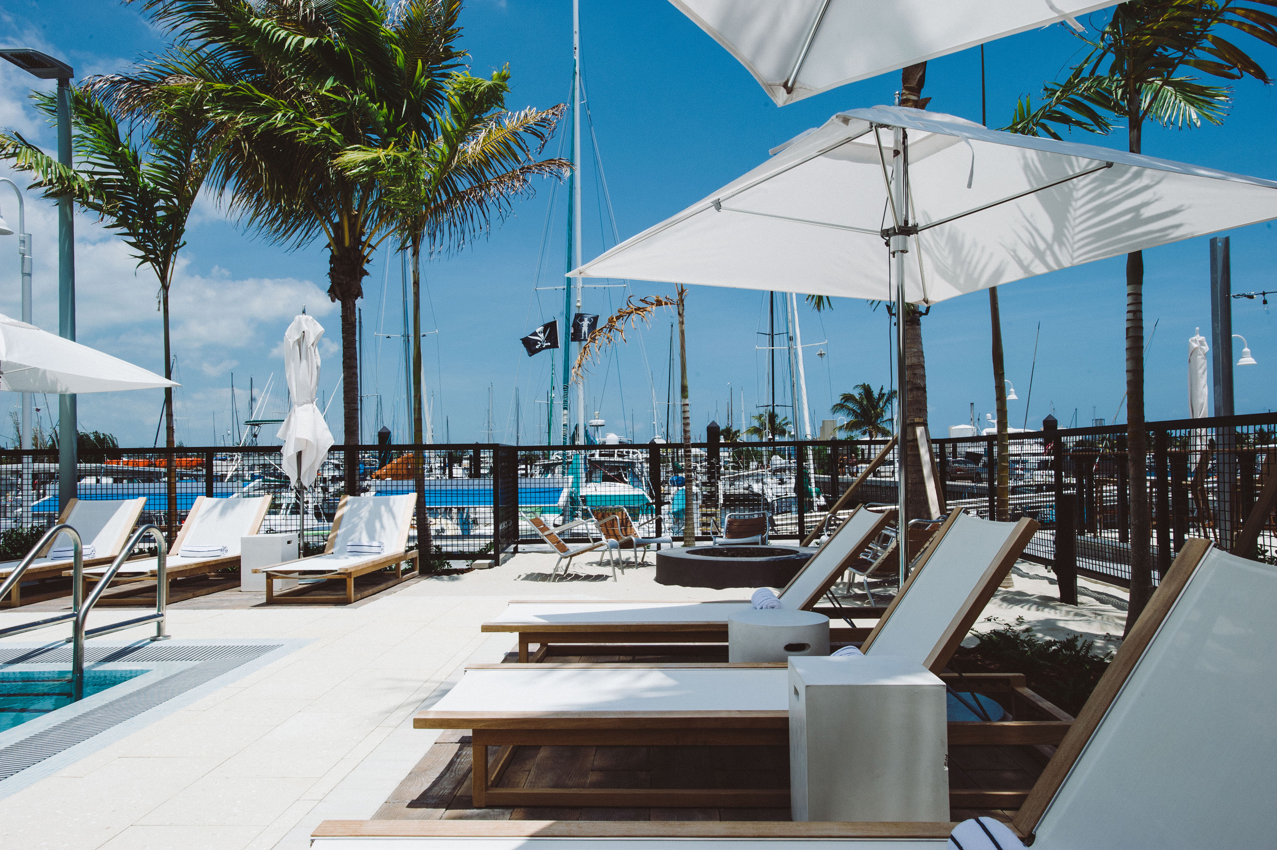 Pool deck overlooking marina with palm trees.