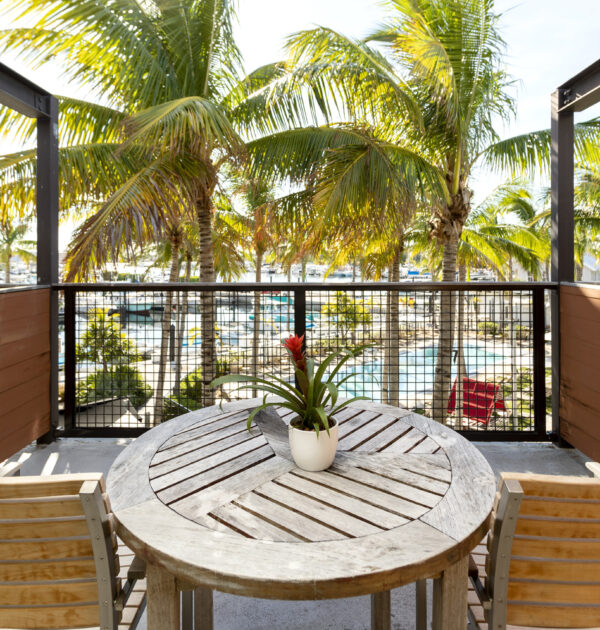 Outdoor seating with tropical views of the pool, palms, and harbor.