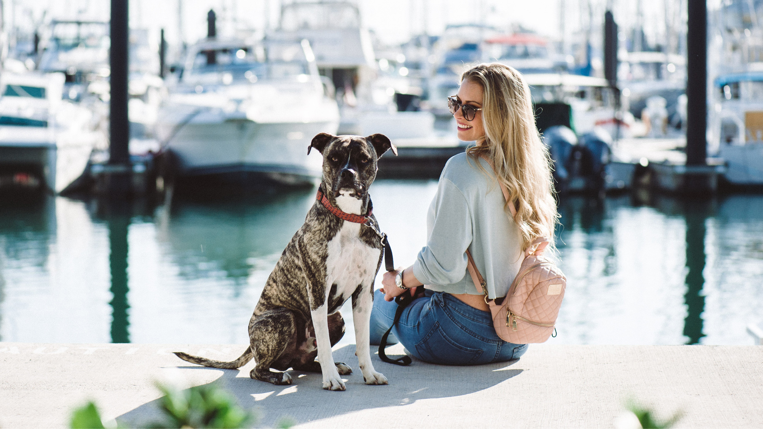 Woman with long blonde hair sitting by the marina with a large brindle dog.
