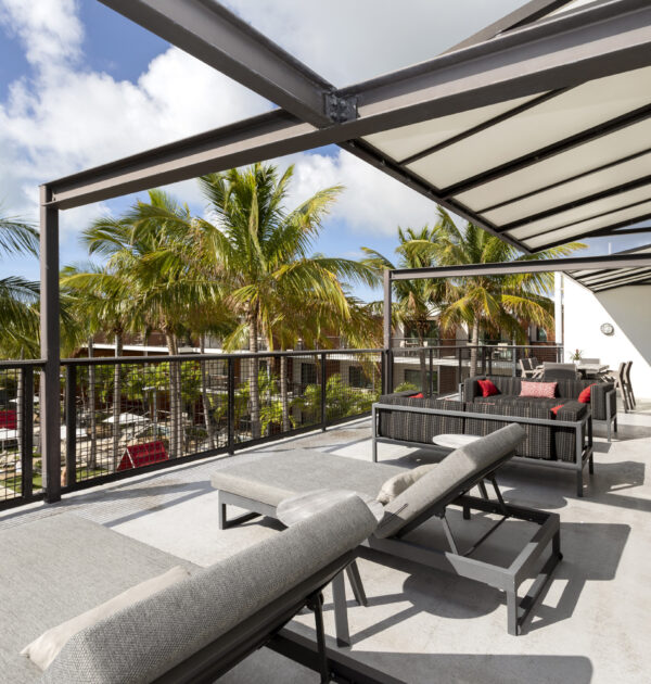 Expansive terrace with loungers, outdoor seating, and palm tree views.