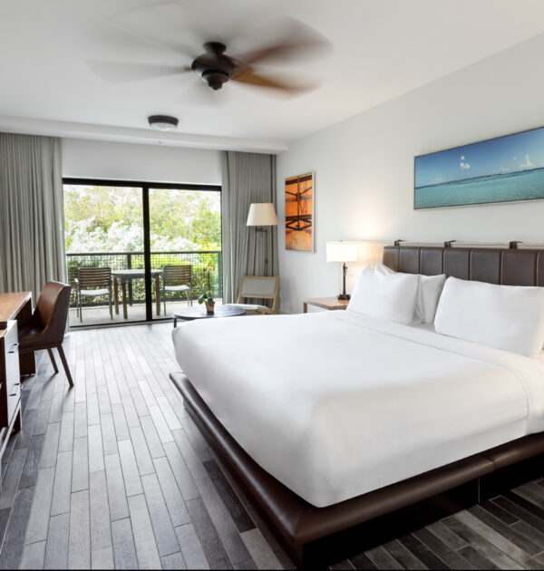Spacious king room with desk, chair, balcony seating, and mangrove view.