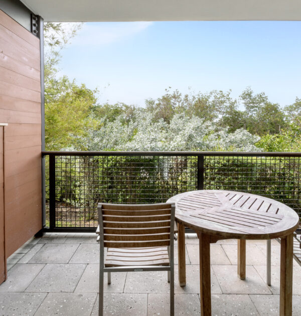 Balcony with wooden table, chairs, overlooking lush mangroves.