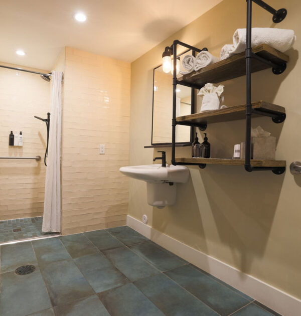 Roll-in shower with grab bars, handheld showerhead, and tiled floor.