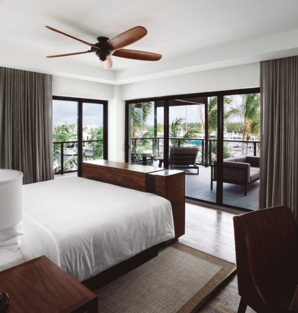 Grand suite room overlooking the patio and marina