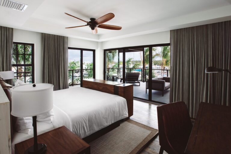 Grand suite room overlooking the patio and marina