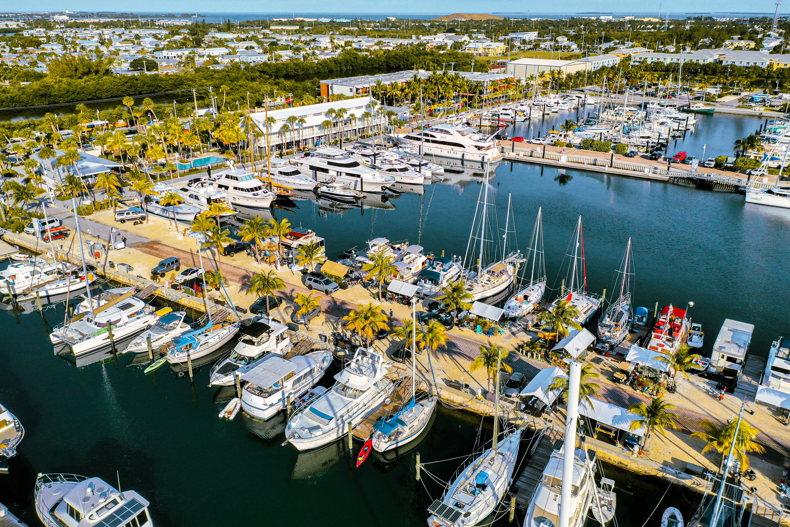 Aerial view of marina with yachts, sailboats, and palm trees.